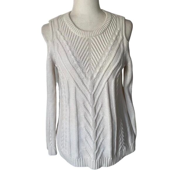 Vince Camuto White Chunky Cable Knit Cold Shoulder Pullover Sweater SZ PM - Picture 1 of 11